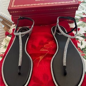 Rene Caovilla Black Sandals with Sparkling Silver Accents